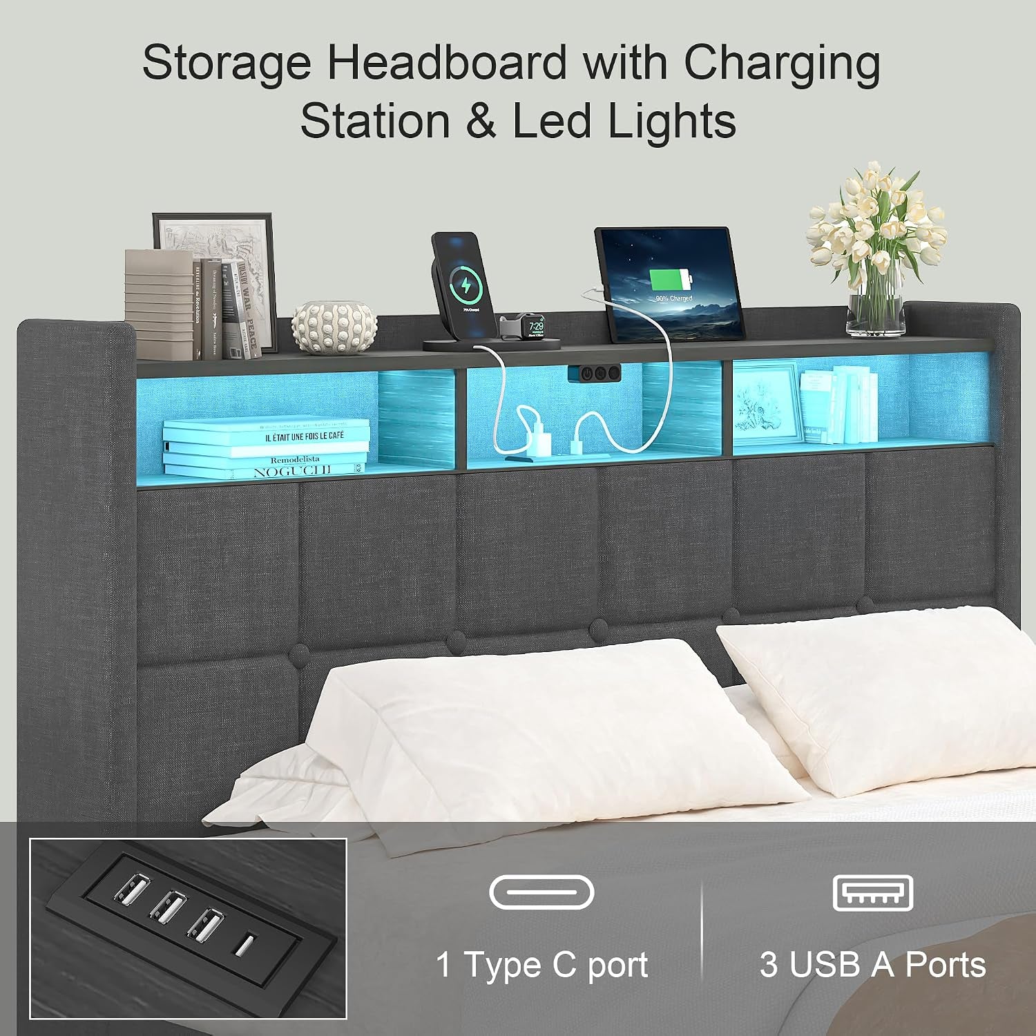 Full Size Lift up Storage Bed, Upholstered Platform Bed Frame with Smart LED Lights and USB Charging Station, No Box Spring Needed, Grey