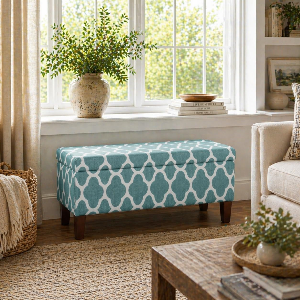 36" Storage Ottoman Bench with Hinged Lid - Teal Blue Geometric