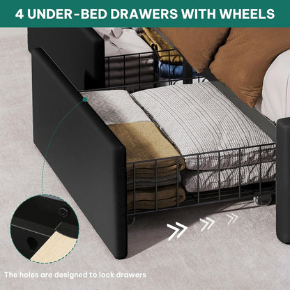 Queen Size Bed Frame with 4 Storage Drawers and RGB LED Lights | 57'' Tall Headboard Velvet Upholstered Bed with Charging Station, No Box Spring Needed, Easy Assembly, Noise-Free, Black
