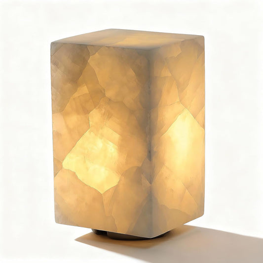Natural Calcite Stone Table Lamp, Handcrafted Solid Stone Lamp with Unique Crystal Texture, Dimmable 3-Color LED, Modern Decorative Lamp for Bedroom Living Room-Cuboid White