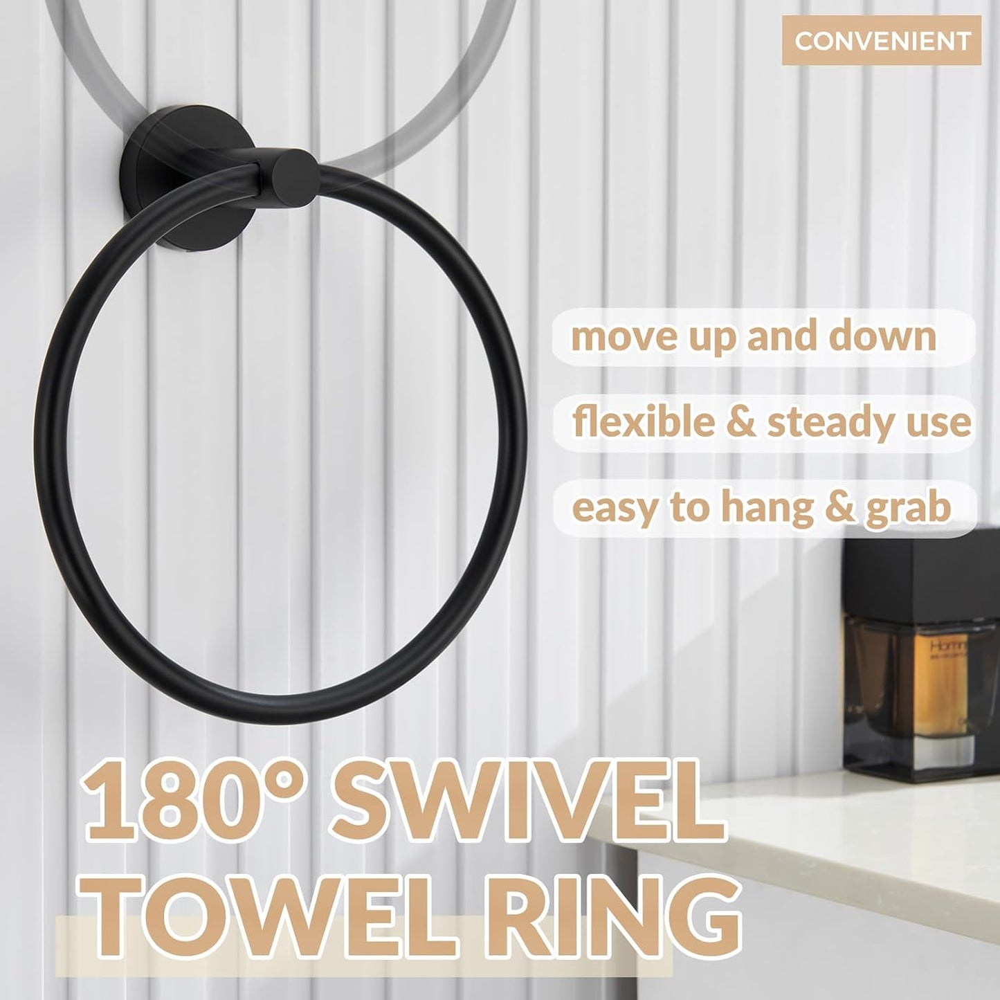 Matte Black Towel Ring Wall Mounted, Hand Towel Holder for Bathroom, Solid Stainless Steel round Wall Hanger