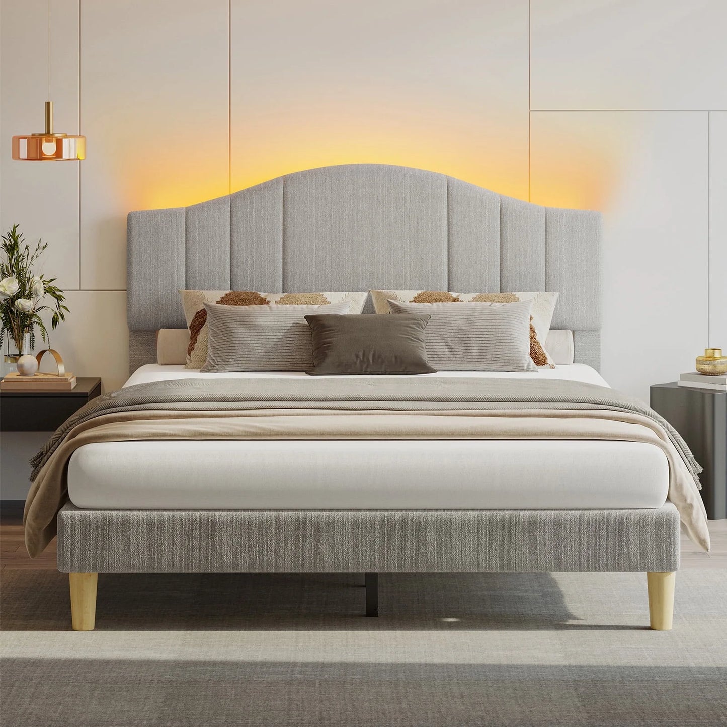 Full Upholstered Bed Frame with Adjustable Arc-Shaped Headboard, LED Platform Bed, Fabric Gray