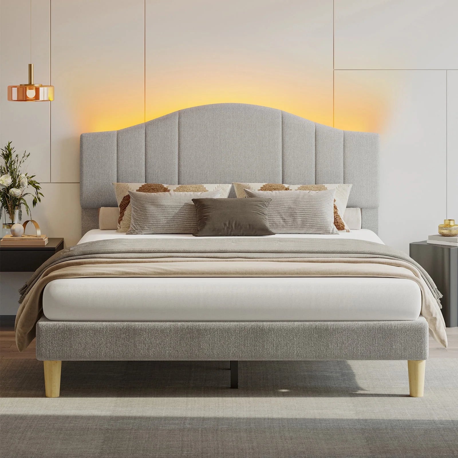 Full Upholstered Bed Frame with Adjustable Arc-Shaped Headboard, LED Platform Bed, Fabric Gray