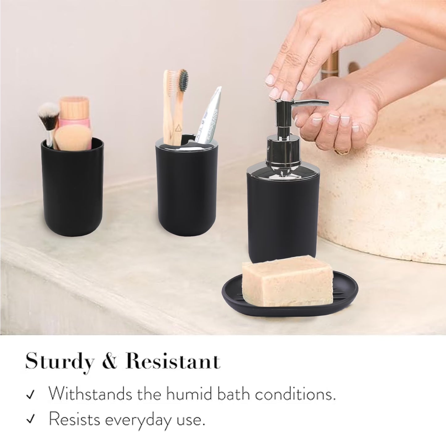6 Plastic Bathroom Linen & Accessory Set, Black