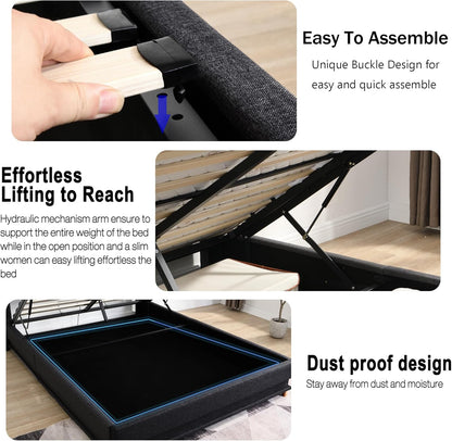 Lift up Storage Bed Queen, Bed Frame Queen Size with Charging Station&Led Lights, Upholstered Platform Bed with Wingback Storage Headboard, Hydraulic Lift System,No Box Spring Needed,Black