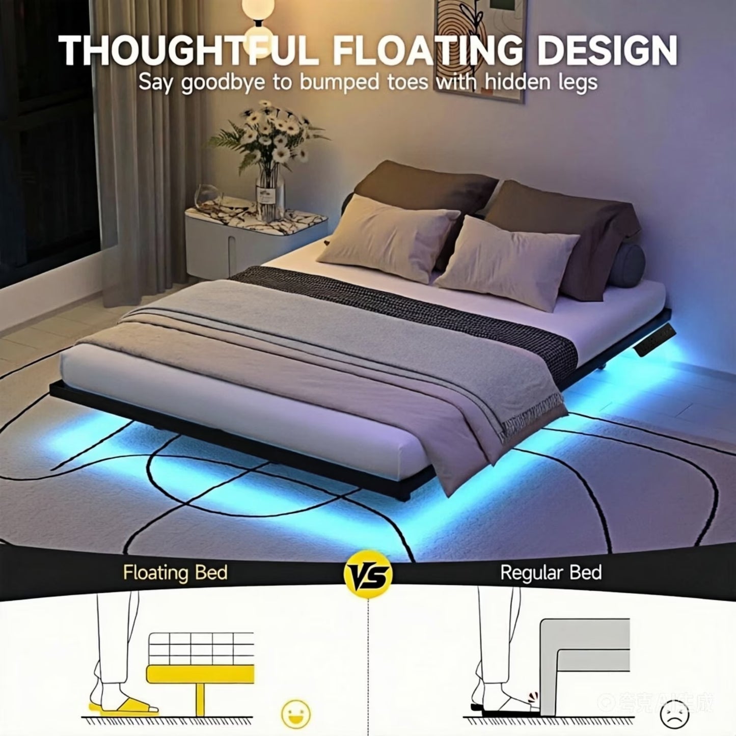 King Size Floating Platform Bed Frame with LED Lights, Charging Station, Sturdy Metal Platform Bed with round Safety Corners and Mattress Stabilizers, 900Lbs Heavy Duty Support, Easy Assembly
