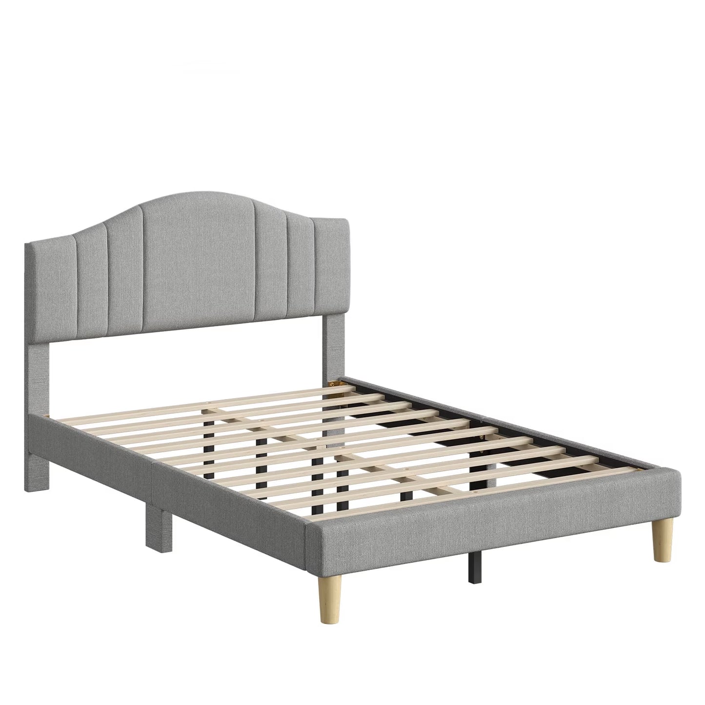 Full Upholstered Bed Frame with Adjustable Arc-Shaped Headboard, LED Platform Bed, Fabric Gray
