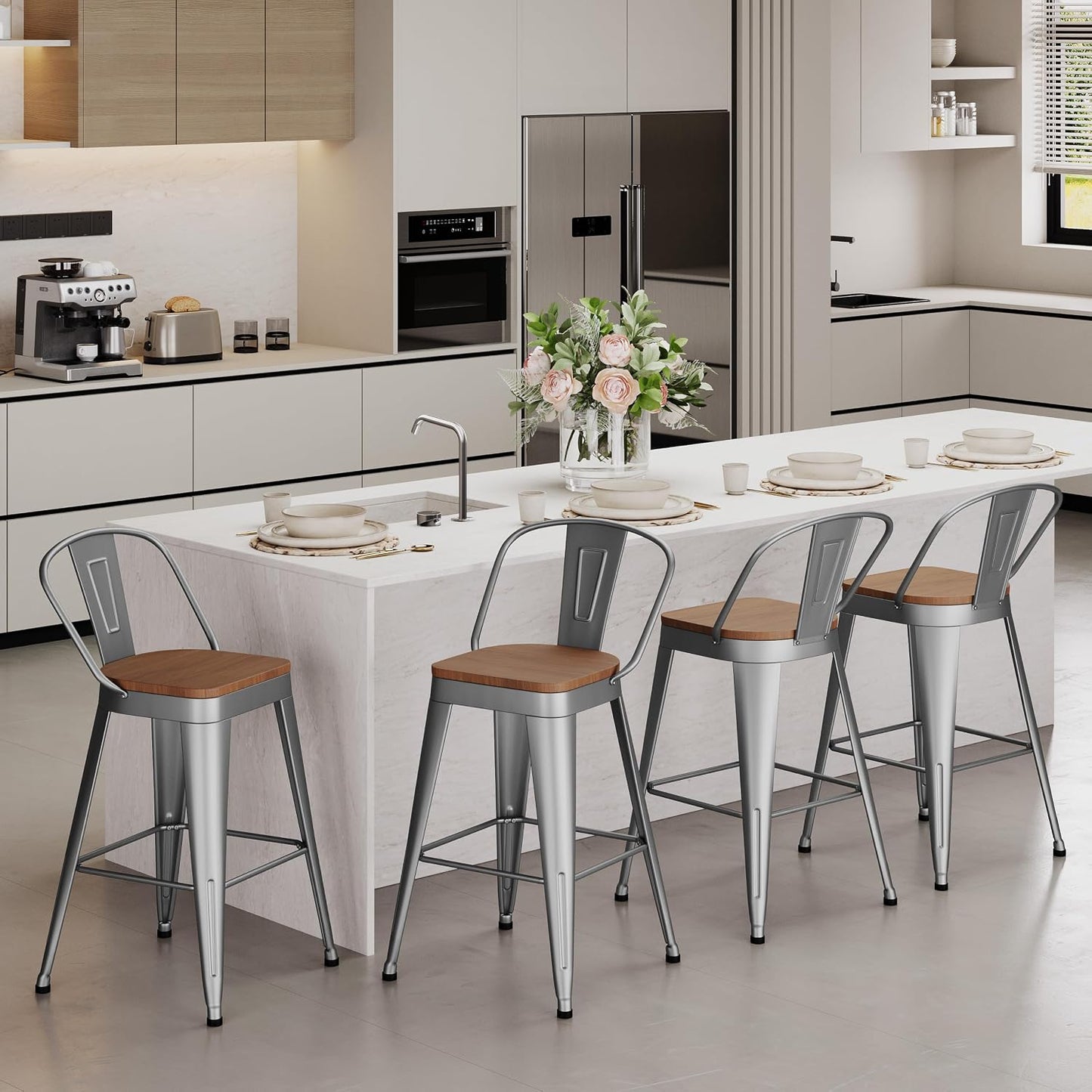 Industrial Metal Bar Stools Set of 4, 26 Inch Counter Height Barstools with Backs, Farmhouse Style, Silver
