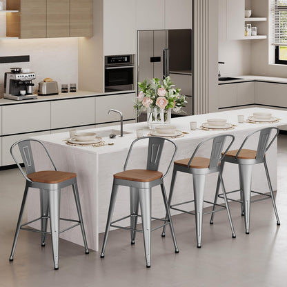 Industrial Metal Bar Stools Set of 4, 26 Inch Counter Height Barstools with Backs, Farmhouse Style, Silver