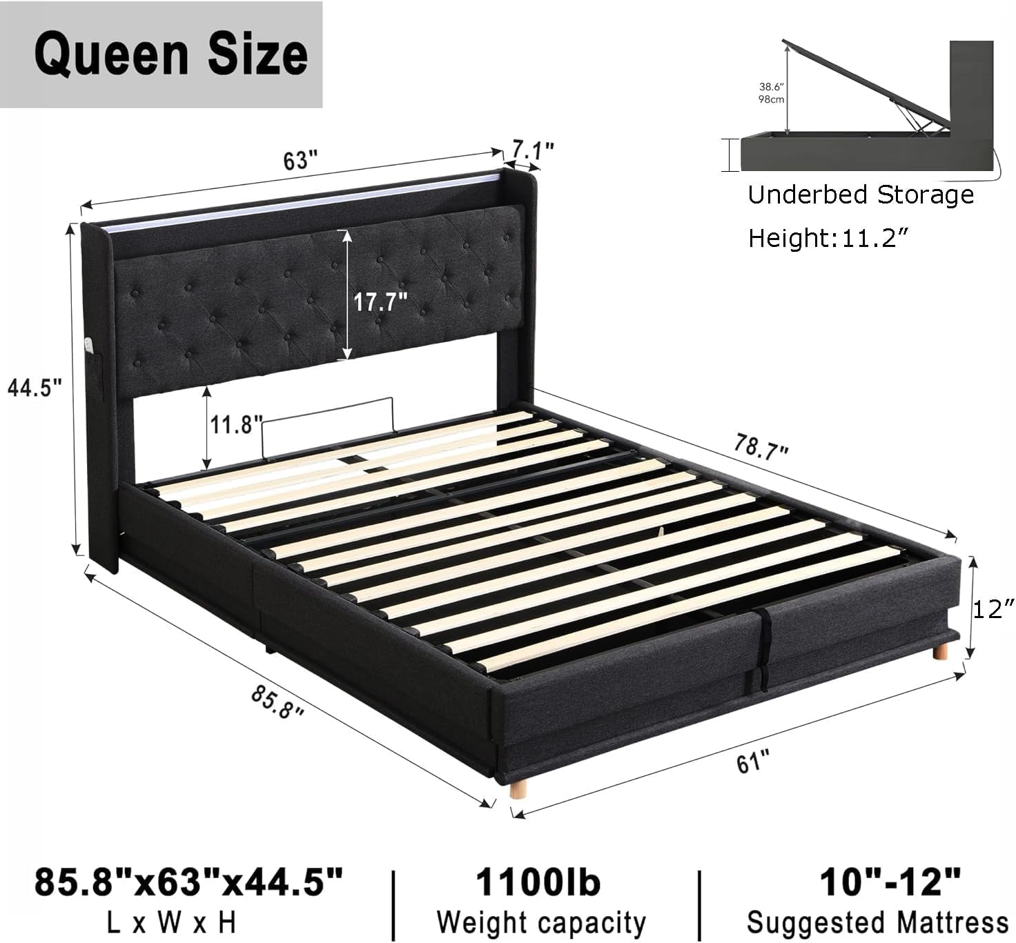 Lift up Storage Bed Queen, Bed Frame Queen Size with Charging Station&Led Lights, Upholstered Platform Bed with Wingback Storage Headboard, Hydraulic Lift System,No Box Spring Needed,Black