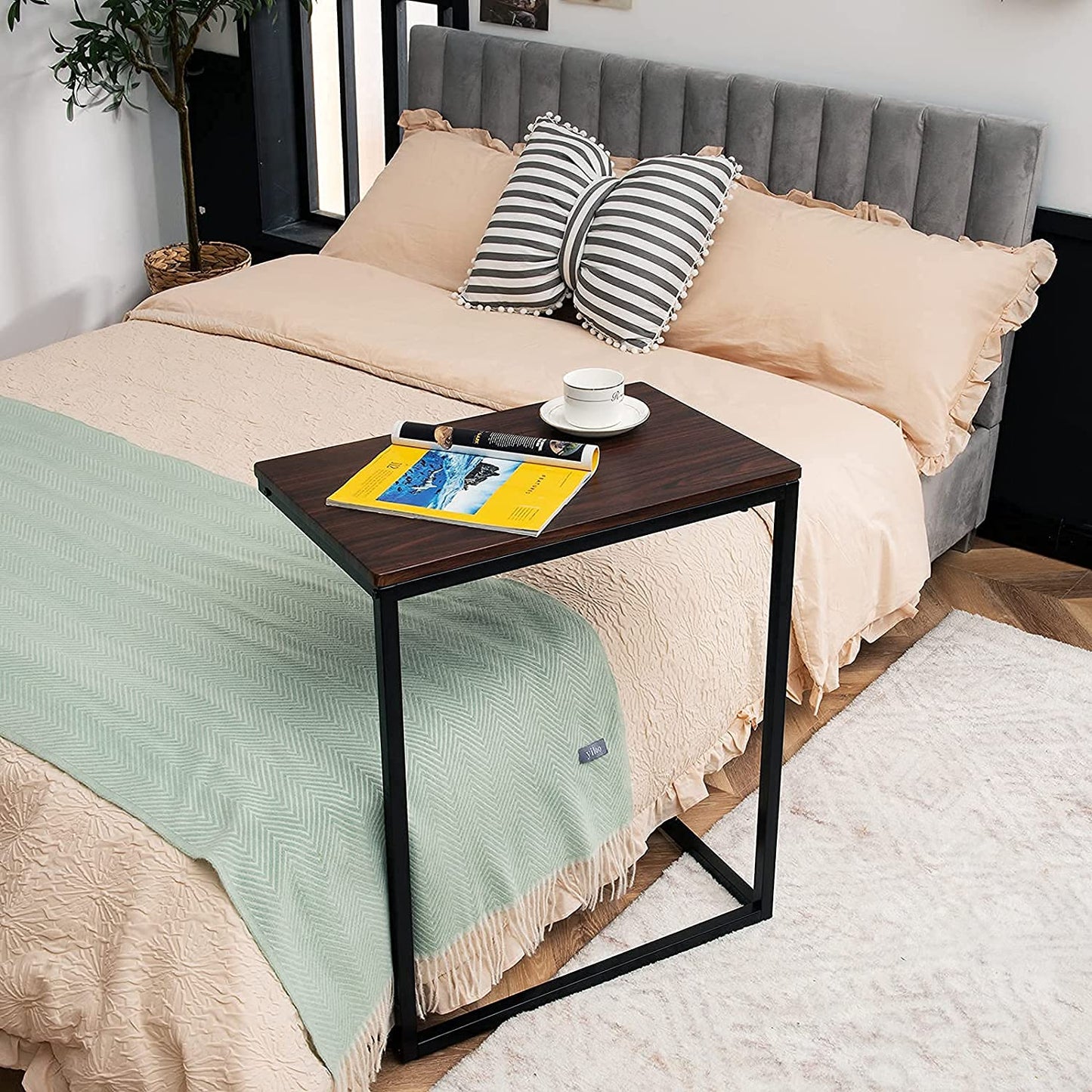 C Shaped End Table, Couch Sofa Side TV Tray for Coffee Snack Laptop, Vintage Bedside Table for Living Room, Bedroom