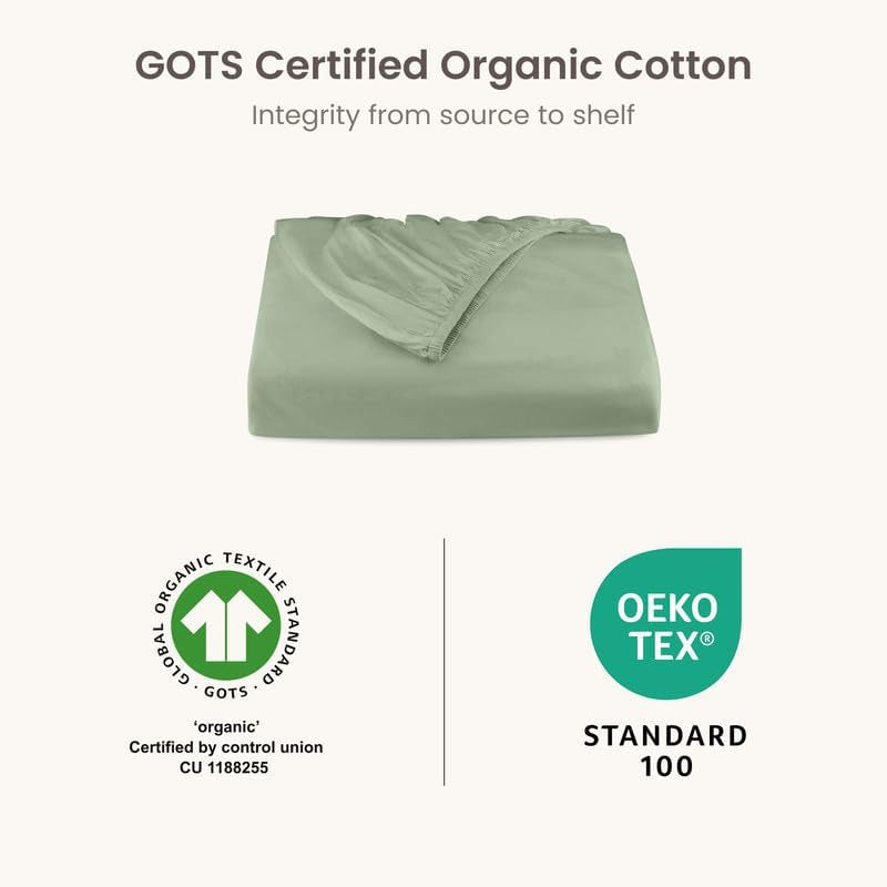 100% Organic Cotton 1 King Size Fitted Sheet Only | 300 Thread Count Sateen Weave GOTS Certified with Deep Pocket - Basil