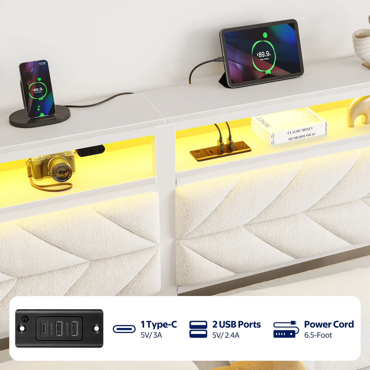 Queen LED Bed Frame with Headboard Storage - Charging Station,Off White
