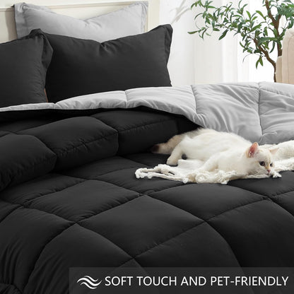 King Size Comforter Set 3 Piece, Lightweight Soft Bed Sets | No Clumping, Machine Washable, down Alternative Comforter Reversible Black/Light Grey, All Season Blanket, 2 Sham