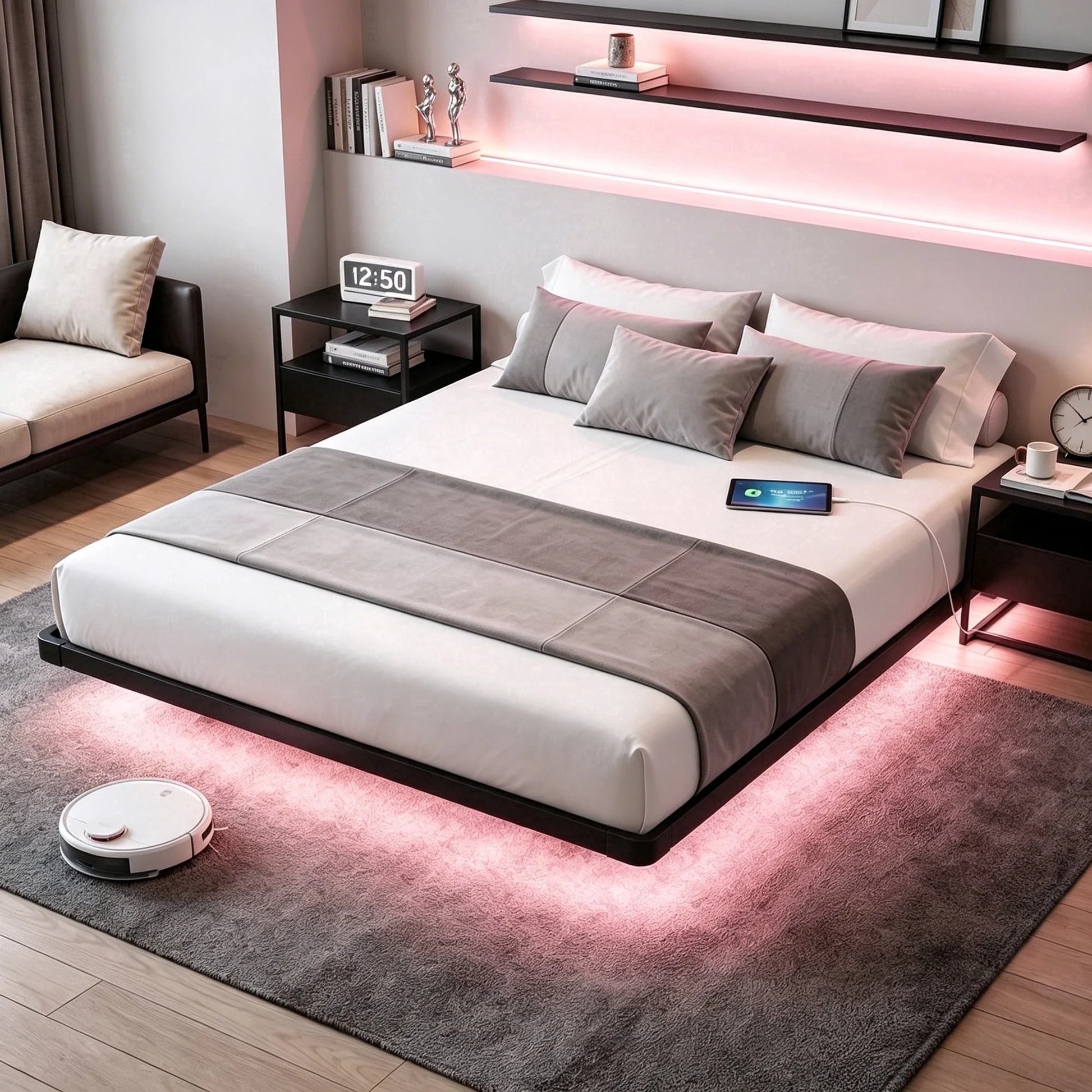King Size Floating Platform Bed Frame with LED Lights, Charging Station, Sturdy Metal Platform Bed with round Safety Corners and Mattress Stabilizers, 900Lbs Heavy Duty Support, Easy Assembly