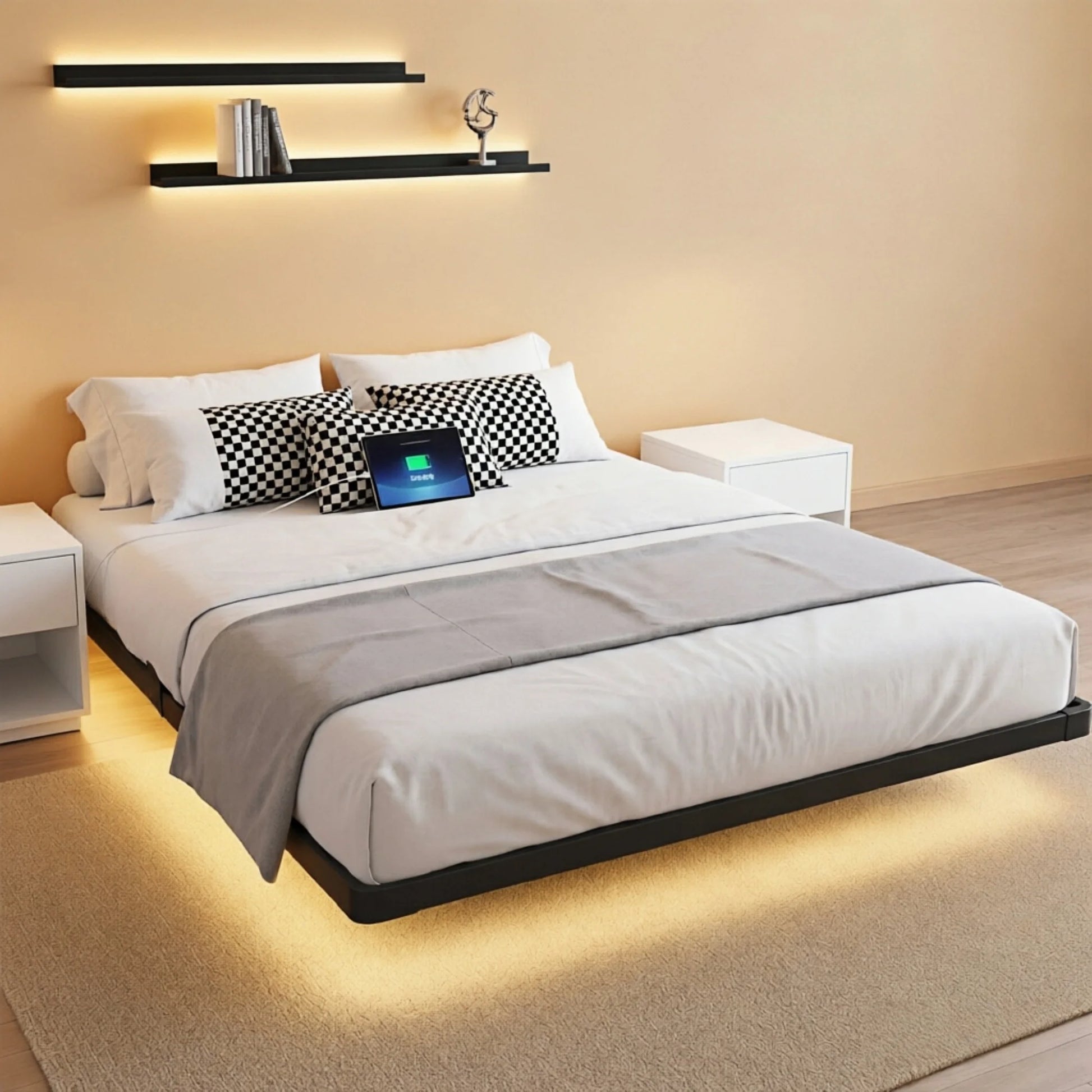 King Size Floating Platform Bed Frame with LED Lights, Charging Station, Sturdy Metal Platform Bed with round Safety Corners and Mattress Stabilizers, 900Lbs Heavy Duty Support, Easy Assembly