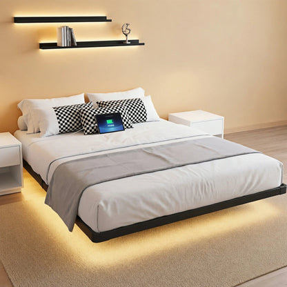 King Size Floating Platform Bed Frame with LED Lights, Charging Station, Sturdy Metal Platform Bed with round Safety Corners and Mattress Stabilizers, 900Lbs Heavy Duty Support, Easy Assembly