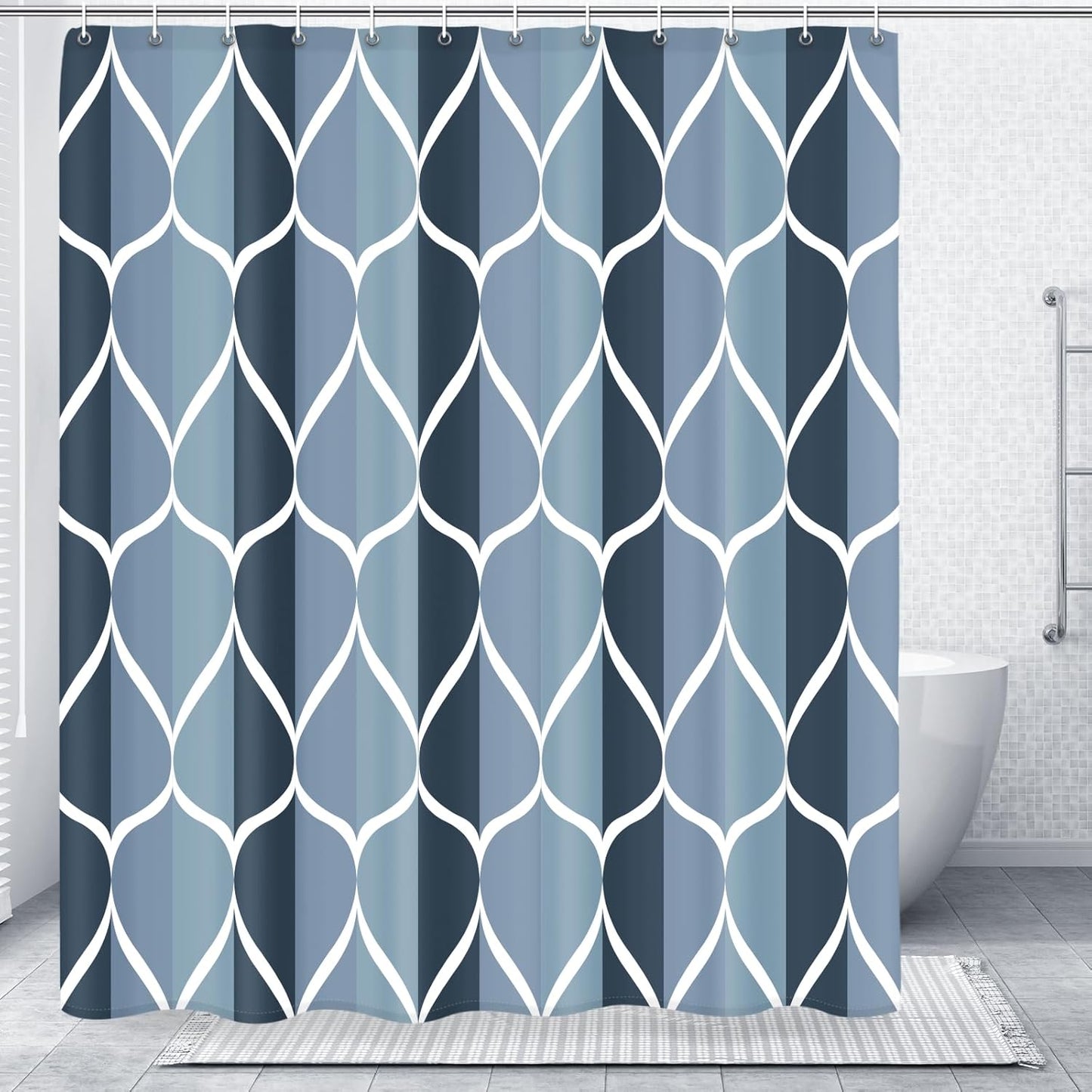 Geometric Shower Curtain for Bathroom, Aegean Blue, 54X72 Inch | with Hooks, Premium Polyester, Quick Dry, Water Repellent, Machine Washable, Rustproof Grommets, Modern Minimalist