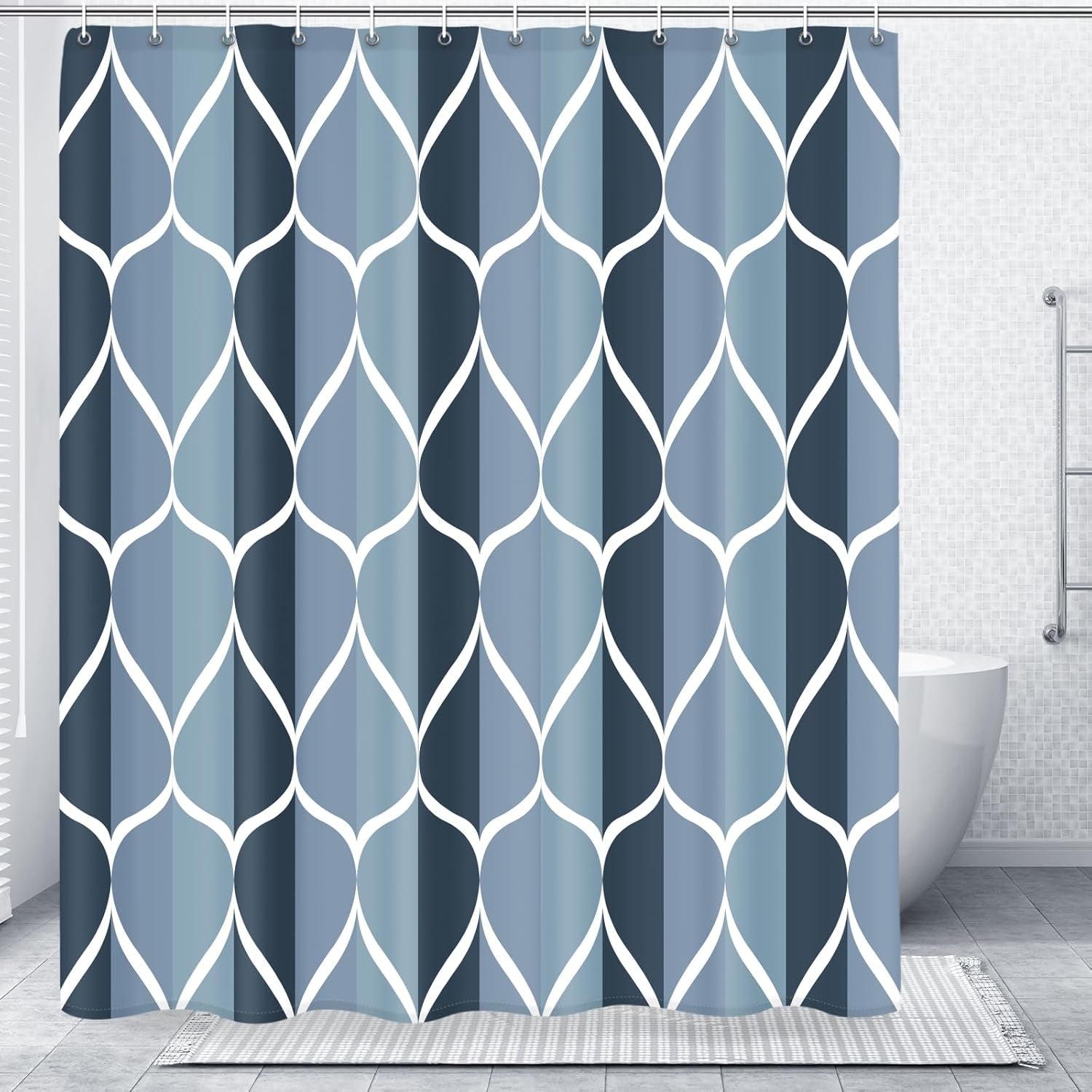 Geometric Shower Curtain for Bathroom, Aegean Blue, 54X72 Inch | with Hooks, Premium Polyester, Quick Dry, Water Repellent, Machine Washable, Rustproof Grommets, Modern Minimalist