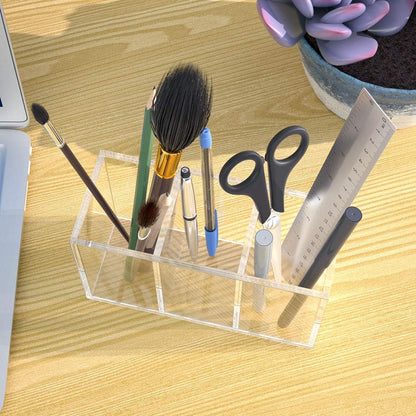 Acrylic Pen Holder 3 Compartments, Clear Pencil Organizer Cup for Countertop Desk Accessory Storage | Scratch-Resistant Thick Acrylic with 3 Slots for Pens, Pencils, Makeup Brushes, Office, Vanity and School Use