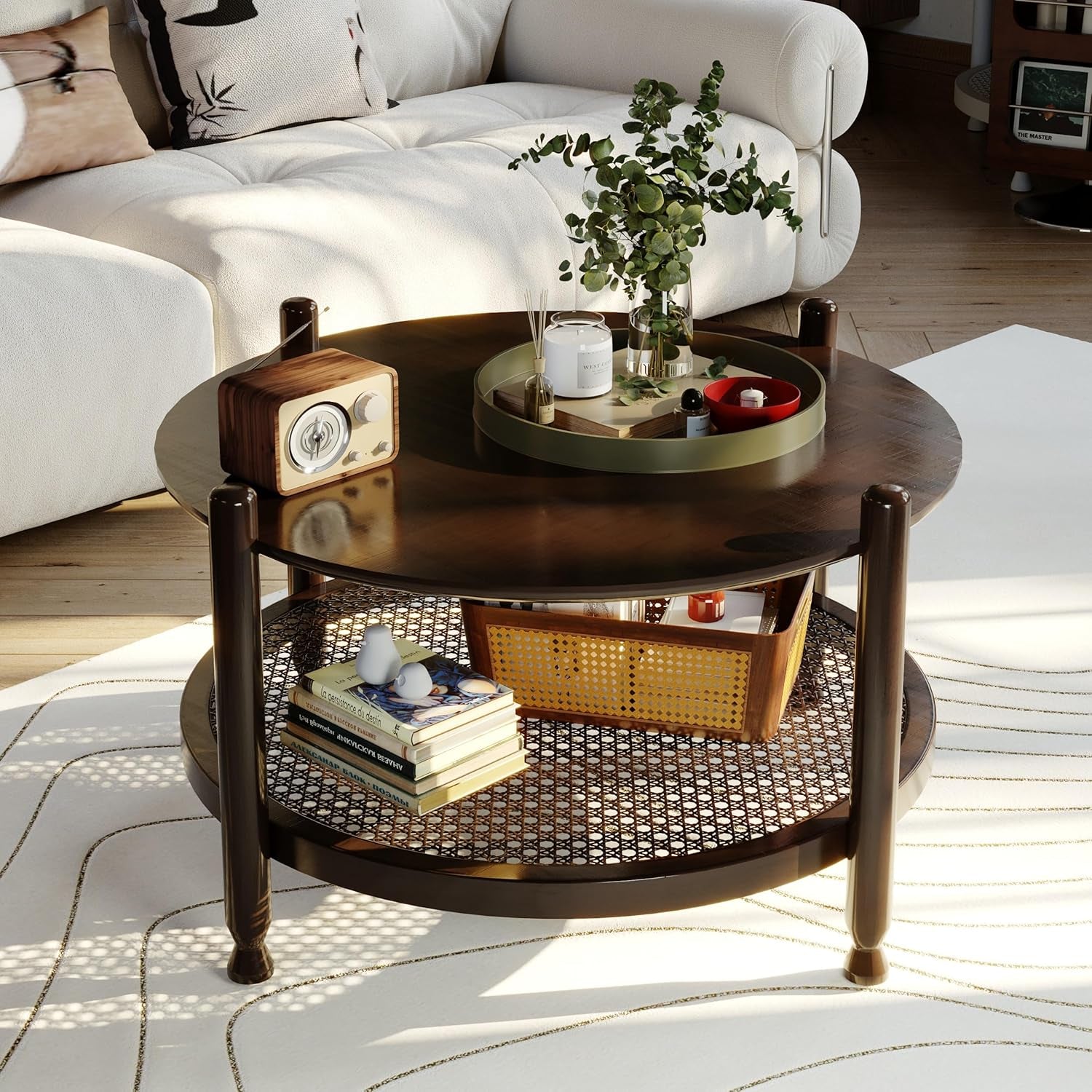 32" round Coffee Table for Living Room, 2-Tier Solid Wood Center Table for Home Decor with Boho Woven Rattan Storage Shelf | Modern Farmhouse Design, Easy Assembly, Black Brown