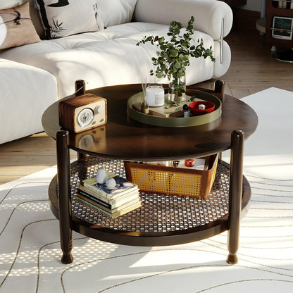 32" round Coffee Table for Living Room, 2-Tier Solid Wood Center Table for Home Decor with Boho Woven Rattan Storage Shelf | Modern Farmhouse Design, Easy Assembly, Black Brown