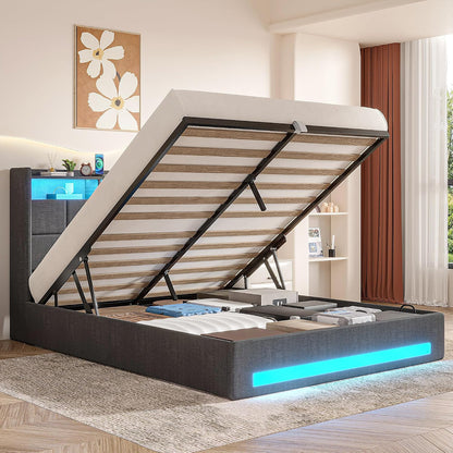 Full Size Lift up Storage Bed, Upholstered Platform Bed Frame with Smart LED Lights and USB Charging Station, No Box Spring Needed, Grey