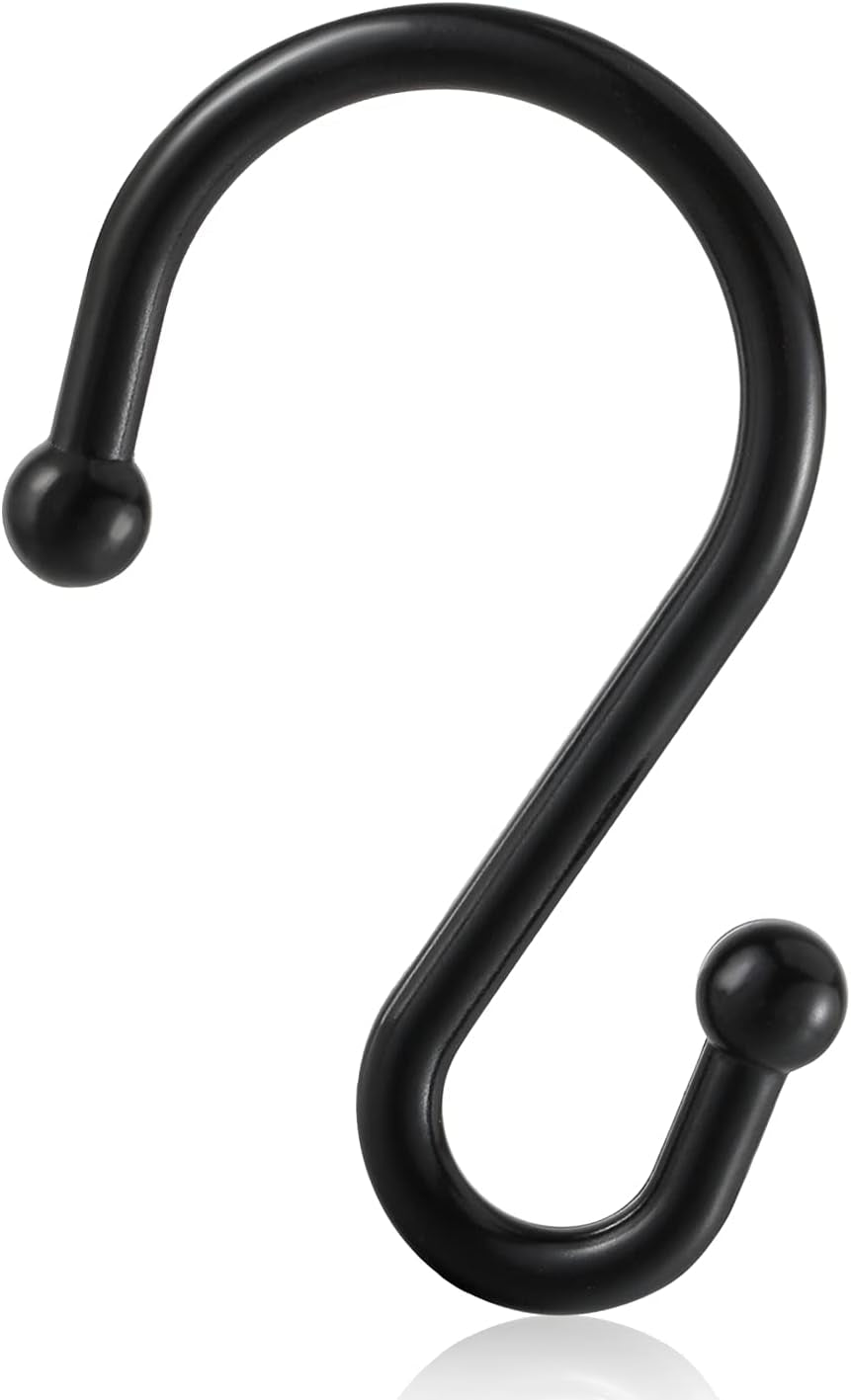 Metal Shower Curtain Hooks, Rust Proof Shower Curtain Rings, Black Shower Curtain Hooks for Bathroom, S Shaped Decorative Shower Hooks Hangers for Shower Curtain Rod,Set of 12