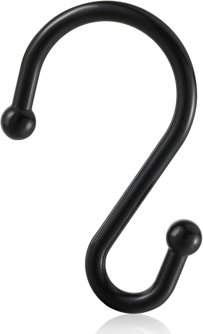 Metal Shower Curtain Hooks, Rust Proof Shower Curtain Rings, Black Shower Curtain Hooks for Bathroom, S Shaped Decorative Shower Hooks Hangers for Shower Curtain Rod,Set of 12