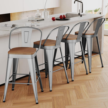 Industrial Metal Bar Stools Set of 4, 26 Inch Counter Height Barstools with Backs, Farmhouse Style, Silver
