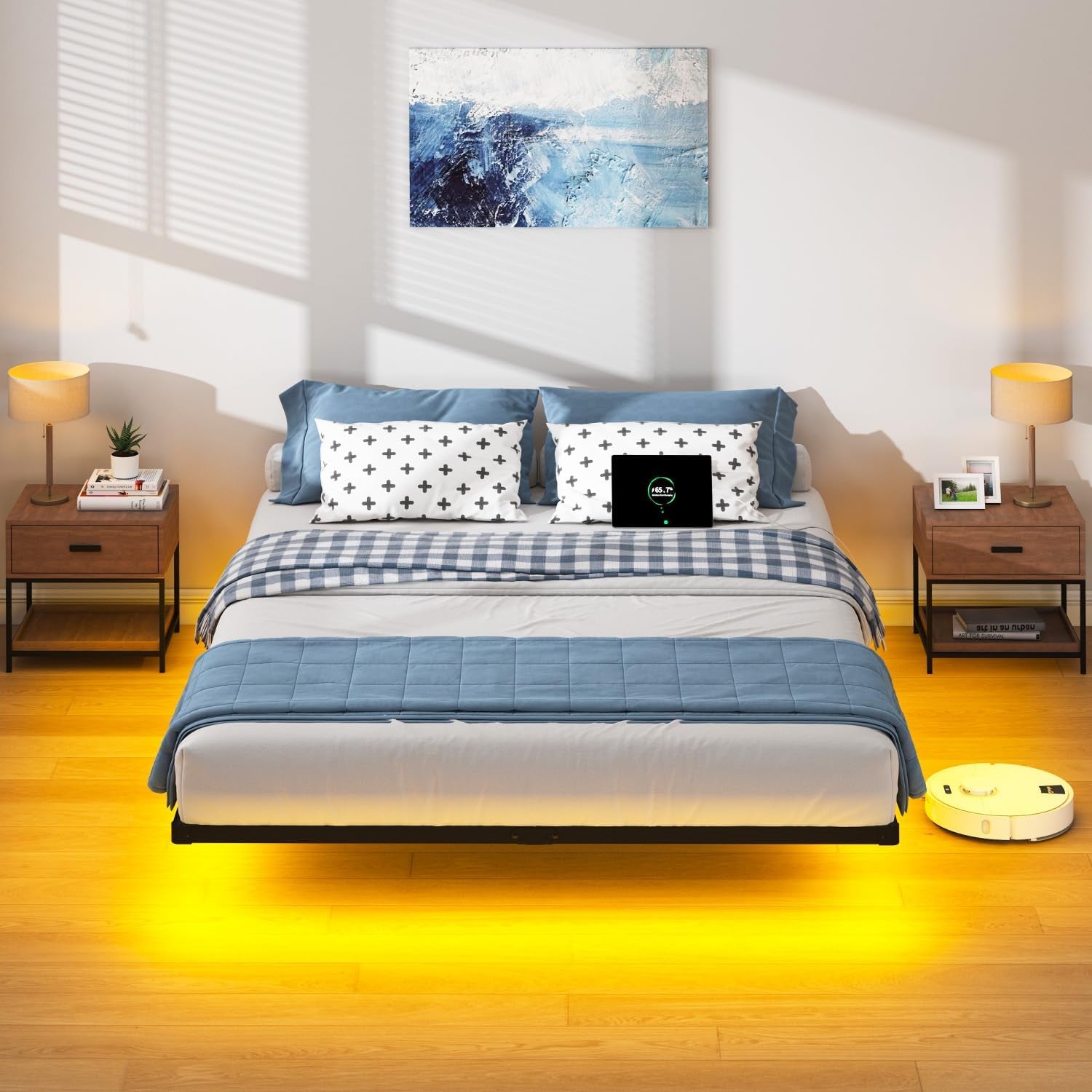 10 Inch Full Size Floating Bed Frame with Charging Station | LED Lights, Platform Bed Frame No Box Spring Needed, Easy Assembly
