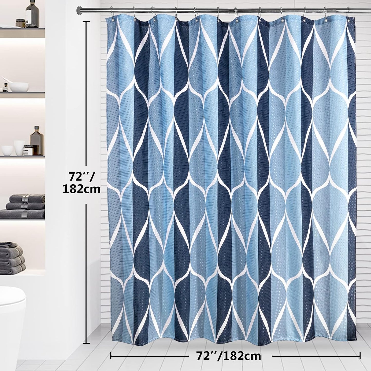 Geometric Shower Curtain with Stainless Steel Hooks - Heavy Duty Fabric Shower Curtains, Water Resistant, Machine Washable, Weighted Hem, 72 X 72 Inches (Blue)