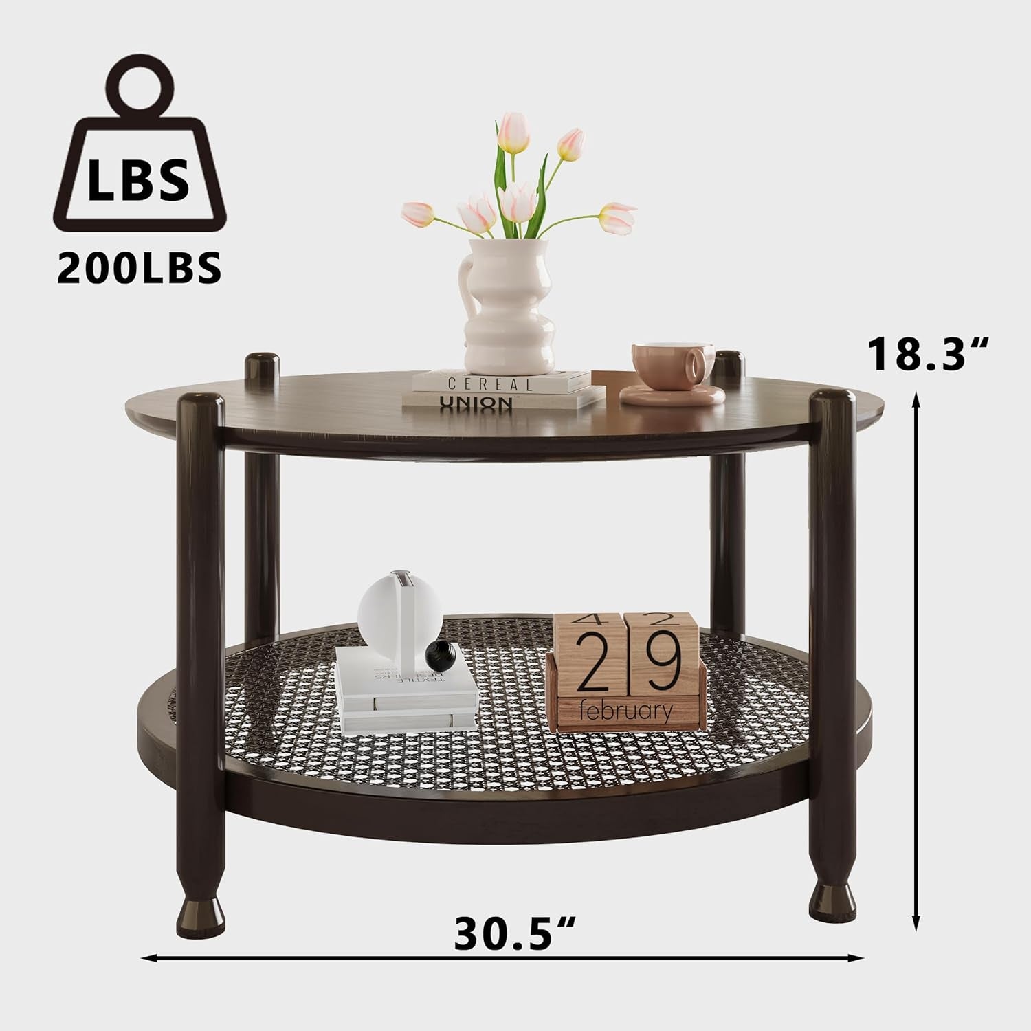 32" round Coffee Table for Living Room, 2-Tier Solid Wood Center Table for Home Decor with Boho Woven Rattan Storage Shelf | Modern Farmhouse Design, Easy Assembly, Black Brown