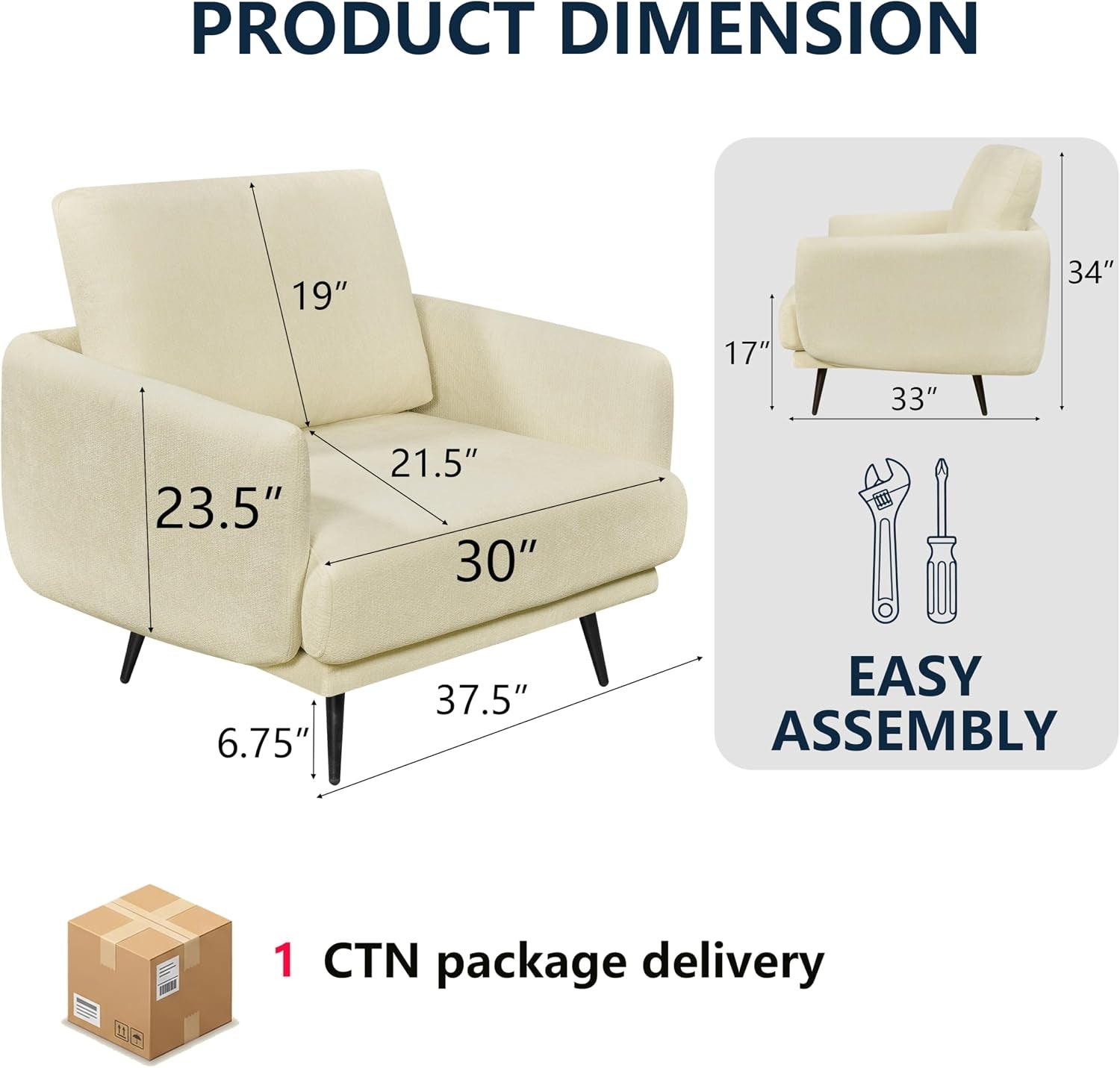 37.5” Oversized Accent Chair for Living Room, Chenille Armchair for Living Room