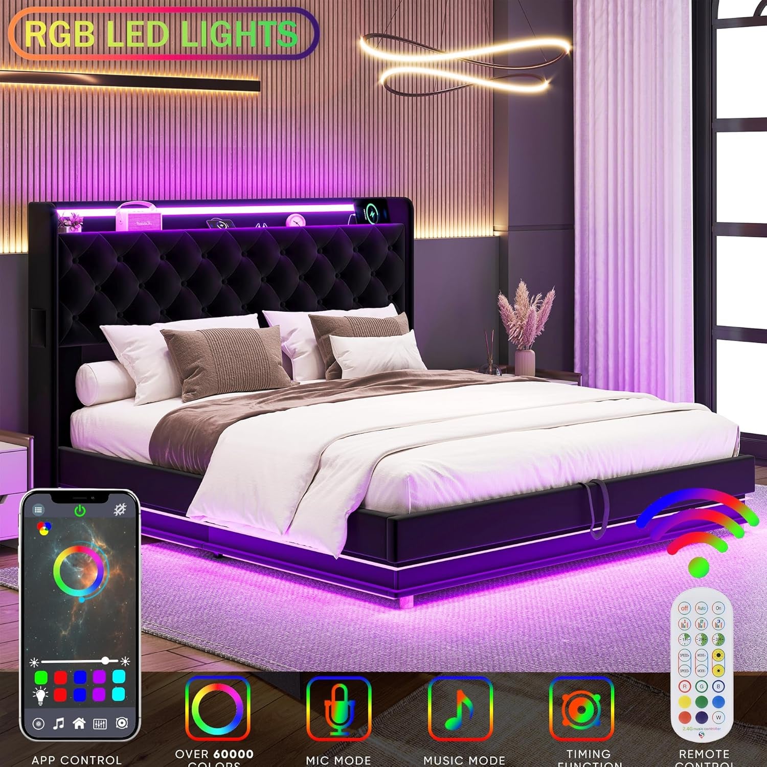 Lift up Storage Bed Queen, Bed Frame Queen Size with Charging Station&Led Lights, Upholstered Platform Bed with Wingback Storage Headboard, Hydraulic Lift System,No Box Spring Needed,Black