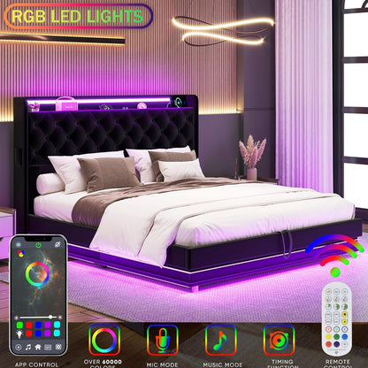 Lift up Storage Bed Queen, Bed Frame Queen Size with Charging Station&Led Lights, Upholstered Platform Bed with Wingback Storage Headboard, Hydraulic Lift System,No Box Spring Needed,Black