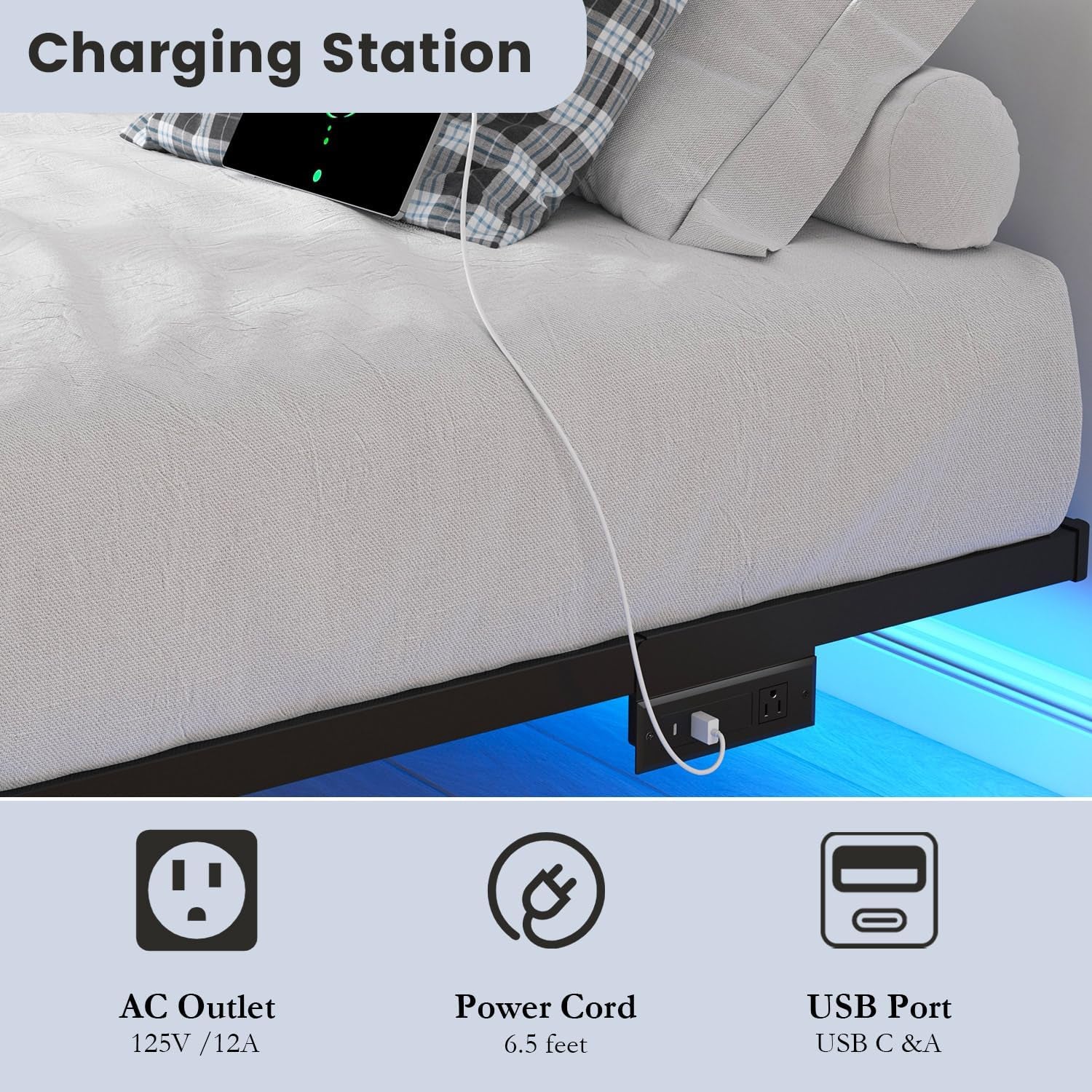 10 Inch Full Size Floating Bed Frame with Charging Station | LED Lights, Platform Bed Frame No Box Spring Needed, Easy Assembly
