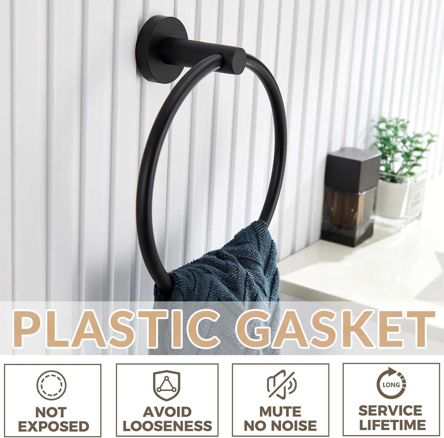 Matte Black Towel Ring Wall Mounted, Hand Towel Holder for Bathroom, Solid Stainless Steel round Wall Hanger