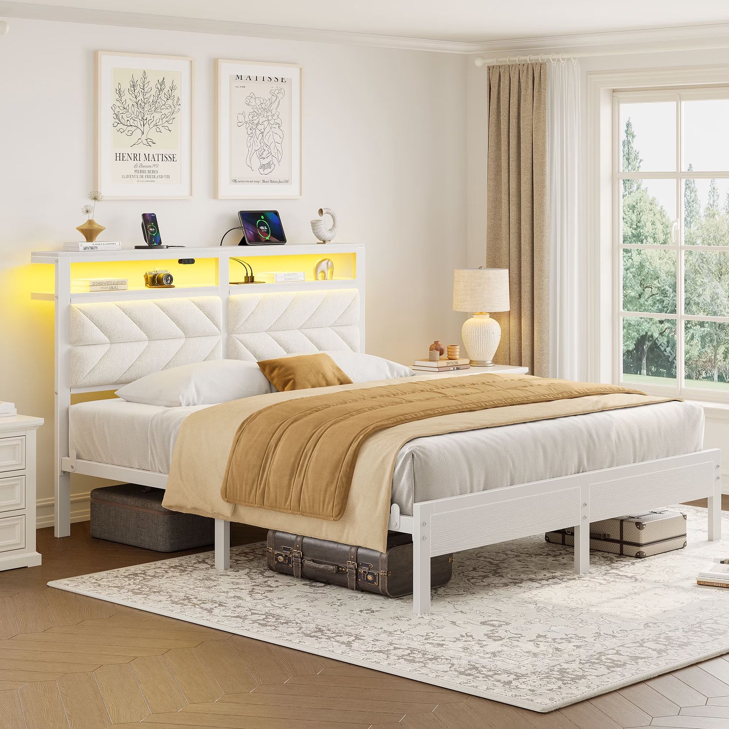 Queen LED Bed Frame with Headboard Storage - Charging Station,Off White
