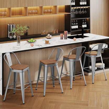 Industrial Metal Bar Stools Set of 4, 26 Inch Counter Height Barstools with Backs, Farmhouse Style, Silver