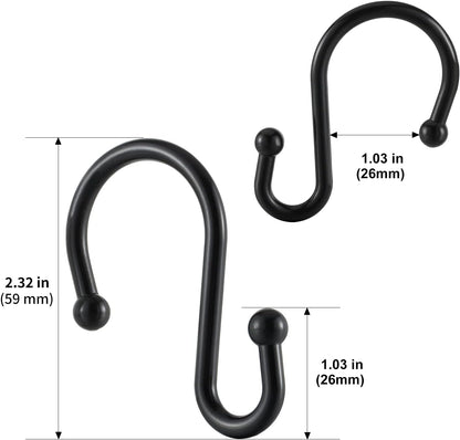 Metal Shower Curtain Hooks, Rust Proof Shower Curtain Rings, Black Shower Curtain Hooks for Bathroom, S Shaped Decorative Shower Hooks Hangers for Shower Curtain Rod,Set of 12