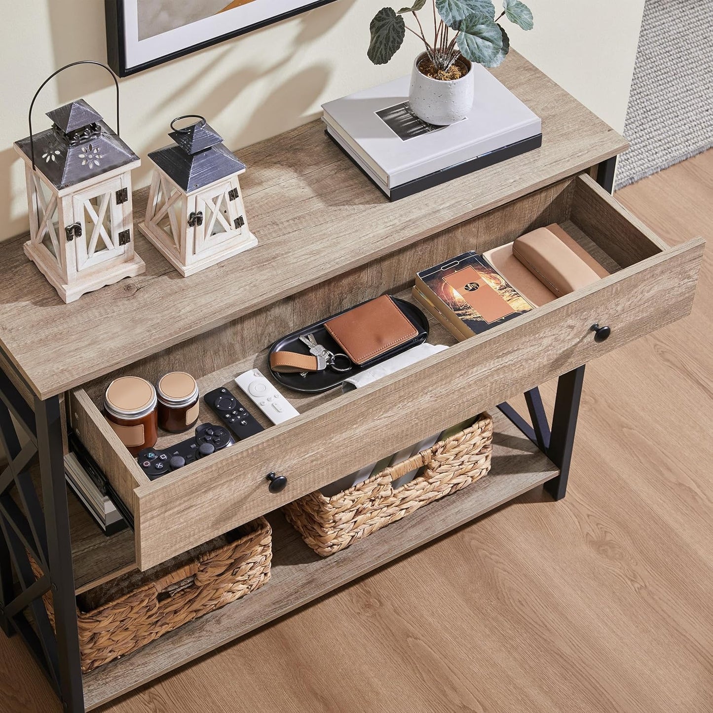 Yaheetech Console Table with Drawer, Entry Table with 3 Tier Storage, Gray | Narrow Hallway Sofa Table with Hidden Storage for Keys and Mail, Sturdy MDF Top on Black Iron Frame, Fits Small Spaces