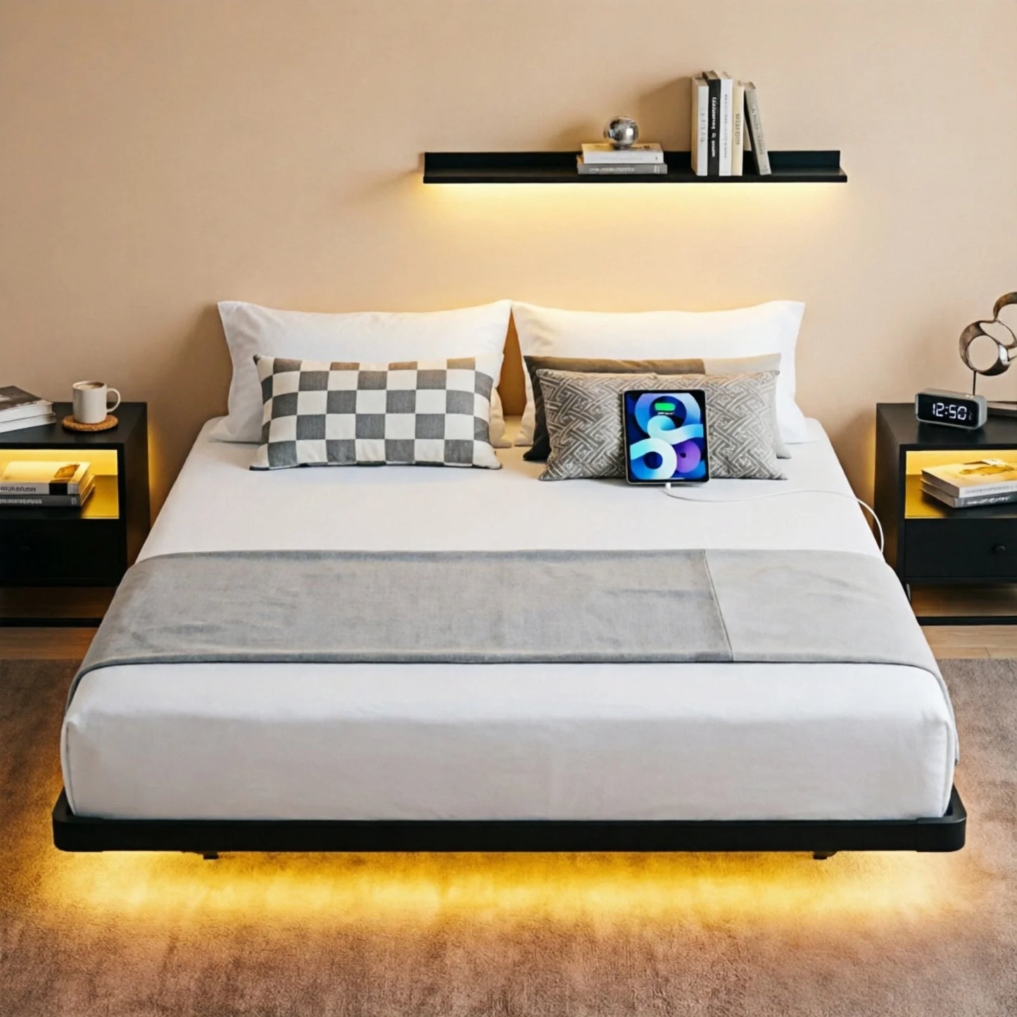 King Size Floating Platform Bed Frame with LED Lights, Charging Station, Sturdy Metal Platform Bed with round Safety Corners and Mattress Stabilizers, 900Lbs Heavy Duty Support, Easy Assembly