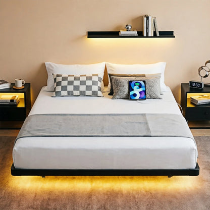 King Size Floating Platform Bed Frame with LED Lights, Charging Station, Sturdy Metal Platform Bed with round Safety Corners and Mattress Stabilizers, 900Lbs Heavy Duty Support, Easy Assembly