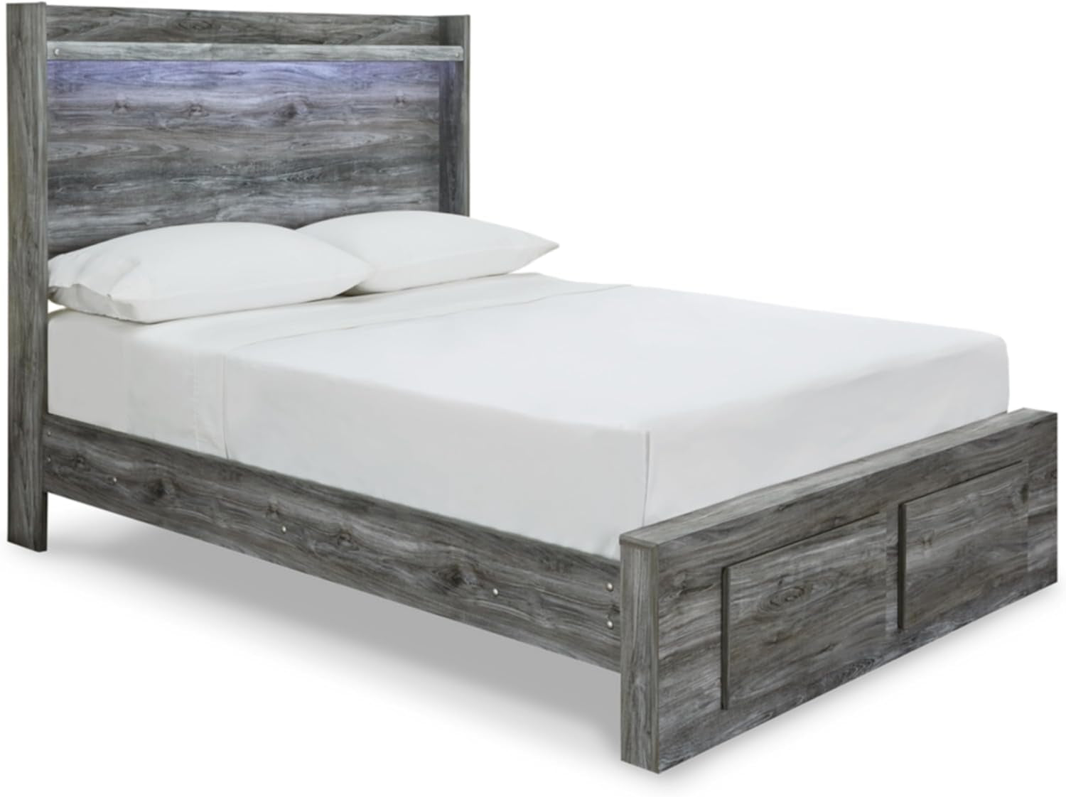 Signature Design by Ashley Full Size Bed with Storage Drawers, Gray | Smoky Gray Replicated Oak Grain Texture, Footboard Drawers, Platform Frame, LED Headboard Lighting, Baystorm Series