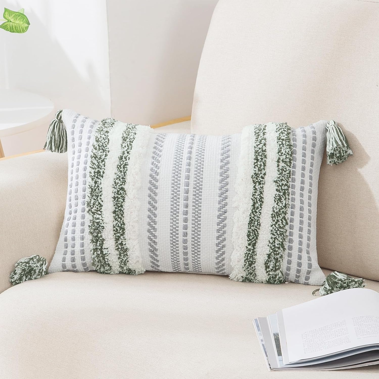 Green and Cream White Throw Pillow Cover 12X20 Pack of 1 | Decorative Boho Lumbar Accent Pillow Cover Neutral Modern Farmhouse Tufted Textured Pillow Cover for Couch Bed Sofa