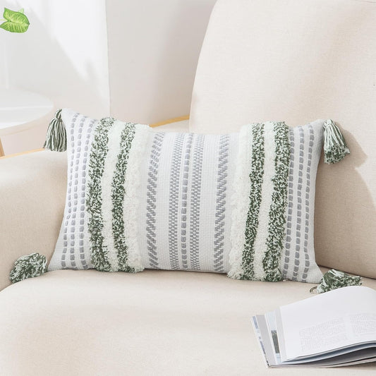 Green and Cream White Throw Pillow Cover 12X20 Pack of 1 | Decorative Boho Lumbar Accent Pillow Cover Neutral Modern Farmhouse Tufted Textured Pillow Cover for Couch Bed Sofa