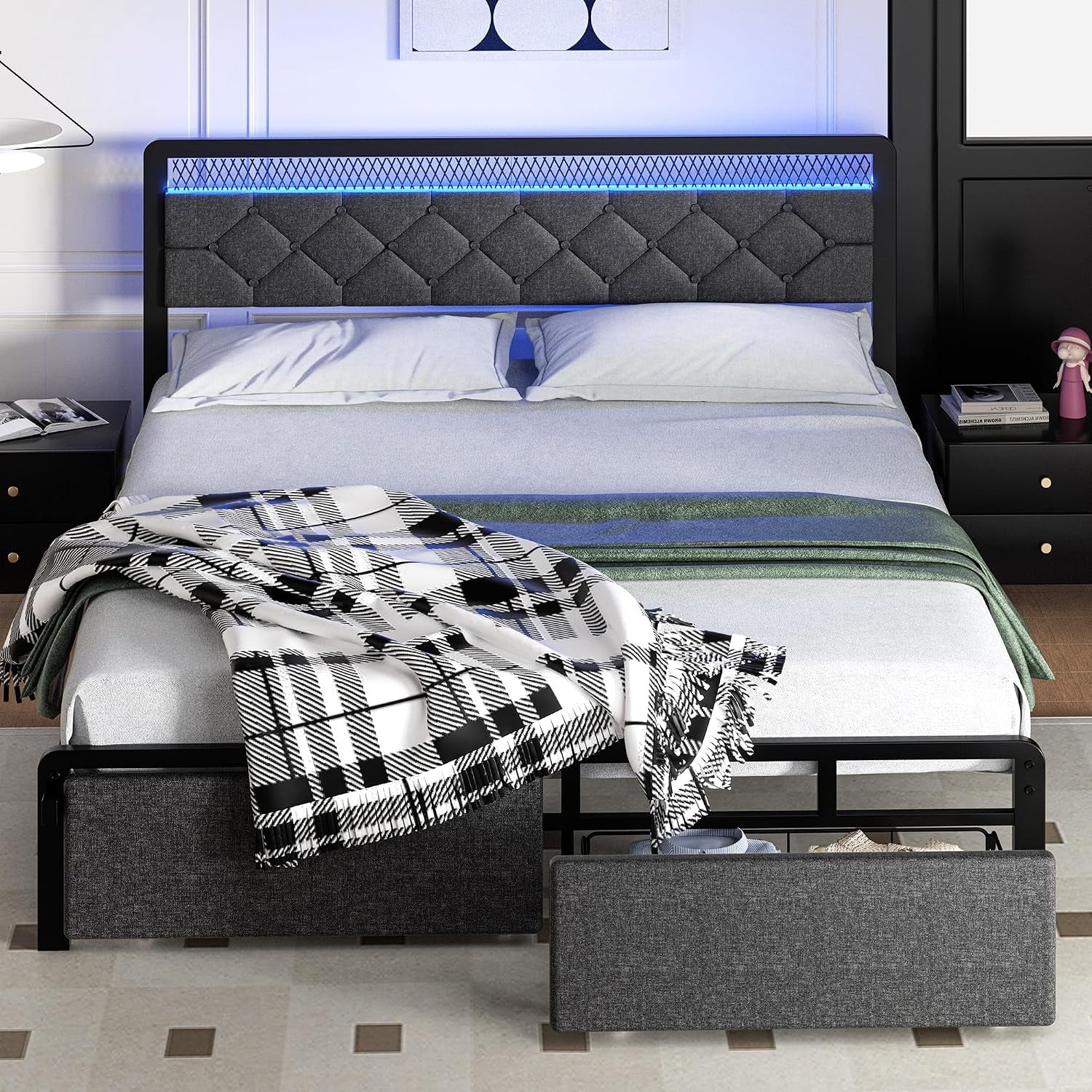 Queen Size Bed Frame with Headboard, Metal Platform Bed Frames Queen Size with 2 Under-Bed Storage Drawers, LED Lights, Soft Linen, Noise Free, No Box Spring Needed, Easy Assembly, Gray