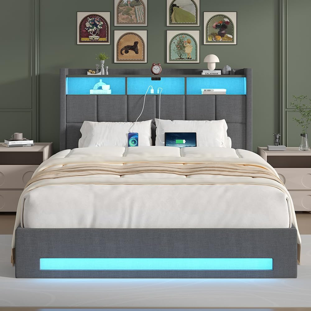 Full Size Lift up Storage Bed, Upholstered Platform Bed Frame with Smart LED Lights and USB Charging Station, No Box Spring Needed, Grey