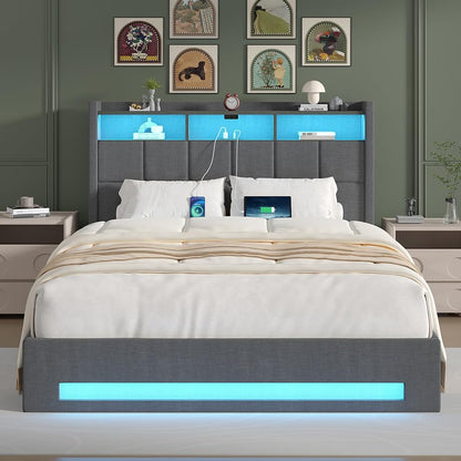 Full Size Lift up Storage Bed, Upholstered Platform Bed Frame with Smart LED Lights and USB Charging Station, No Box Spring Needed, Grey